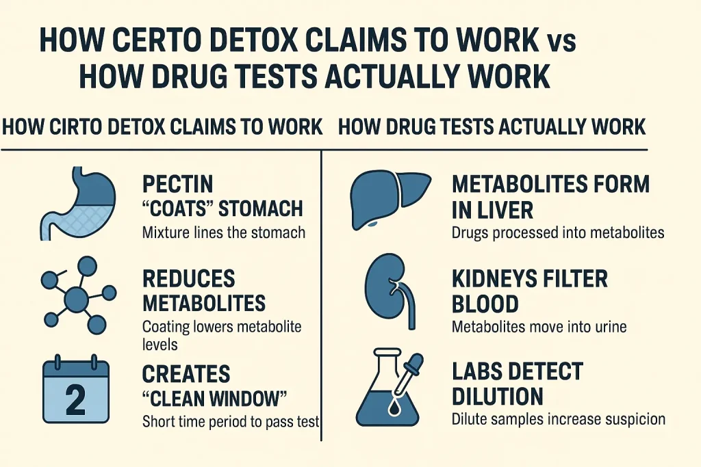 how certo detox claims to work vs how drug tests actually work infography